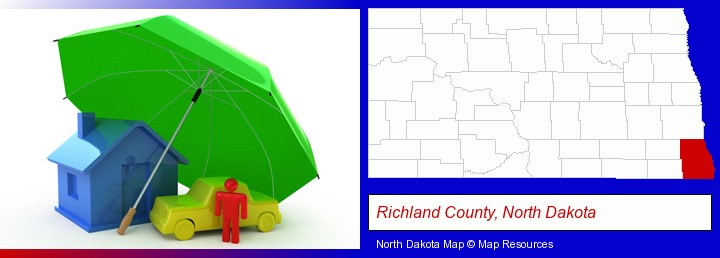 types of insurance; Richland County, North Dakota highlighted in red on a map