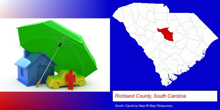 types of insurance; Richland County, South Carolina highlighted in red on a map