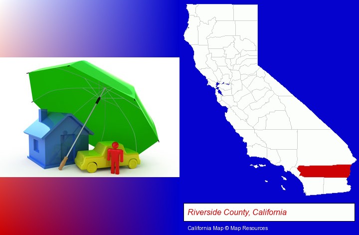 types of insurance; Riverside County, California highlighted in red on a map