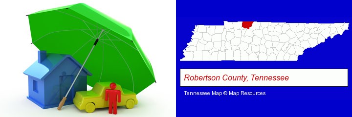 types of insurance; Robertson County, Tennessee highlighted in red on a map