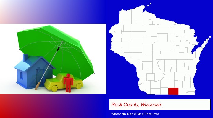 types of insurance; Rock County, Wisconsin highlighted in red on a map