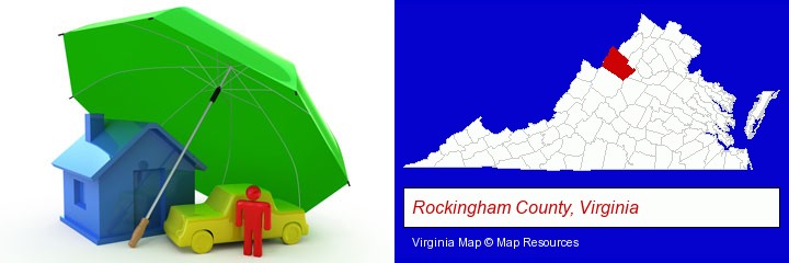 types of insurance; Rockingham County, Virginia highlighted in red on a map
