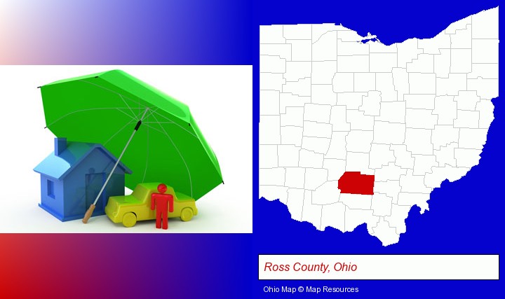 types of insurance; Ross County, Ohio highlighted in red on a map