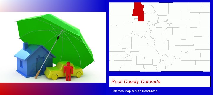 types of insurance; Routt County, Colorado highlighted in red on a map