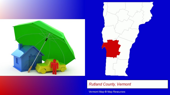 types of insurance; Rutland County, Vermont highlighted in red on a map