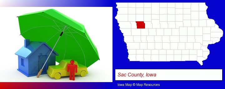 types of insurance; Sac County, Iowa highlighted in red on a map