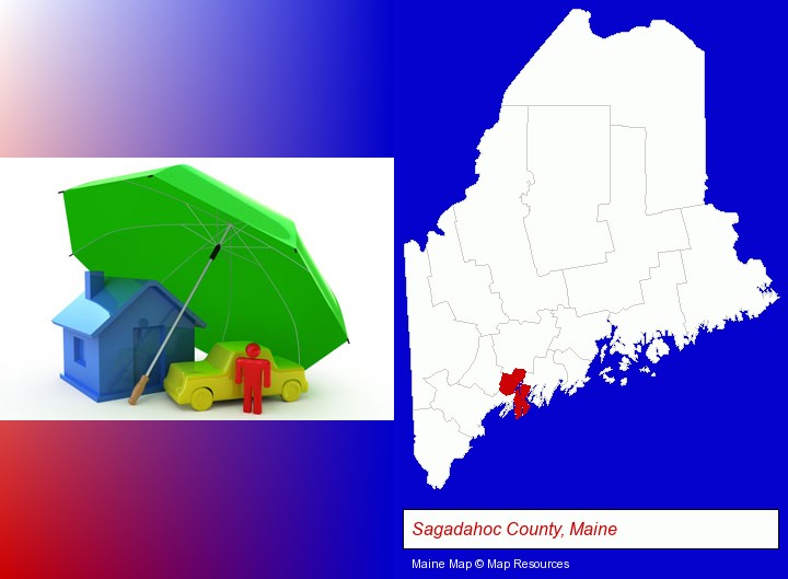 types of insurance; Sagadahoc County, Maine highlighted in red on a map