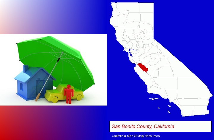 types of insurance; San Benito County, California highlighted in red on a map