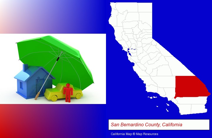 types of insurance; San Bernardino County, California highlighted in red on a map