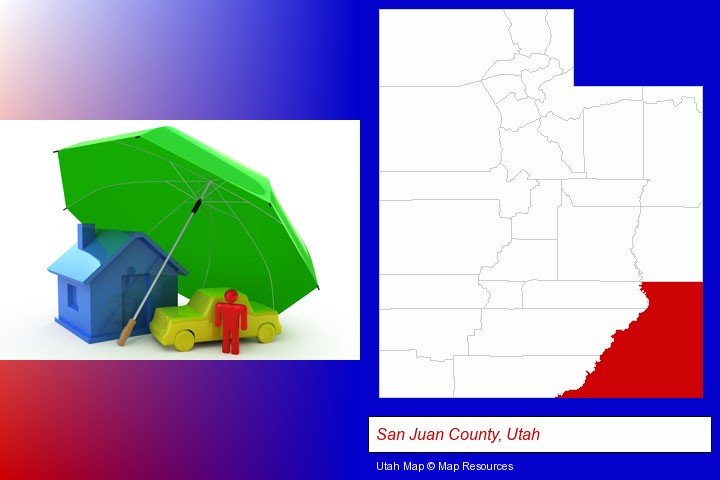 types of insurance; San Juan County, Utah highlighted in red on a map