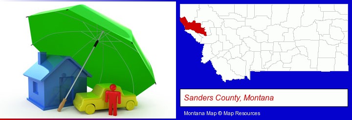 types of insurance; Sanders County, Montana highlighted in red on a map