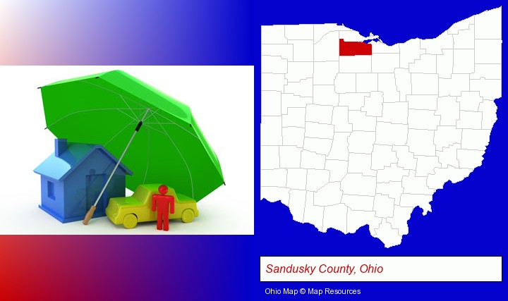 types of insurance; Sandusky County, Ohio highlighted in red on a map