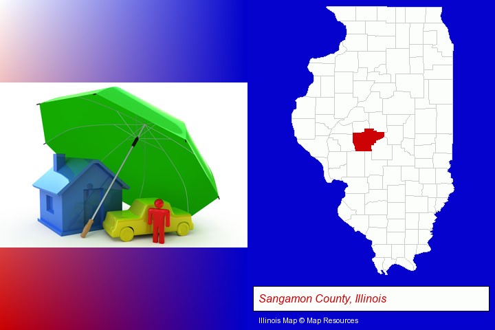 types of insurance; Sangamon County, Illinois highlighted in red on a map
