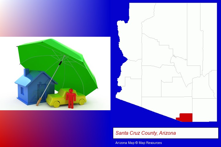 types of insurance; Santa Cruz County, Arizona highlighted in red on a map