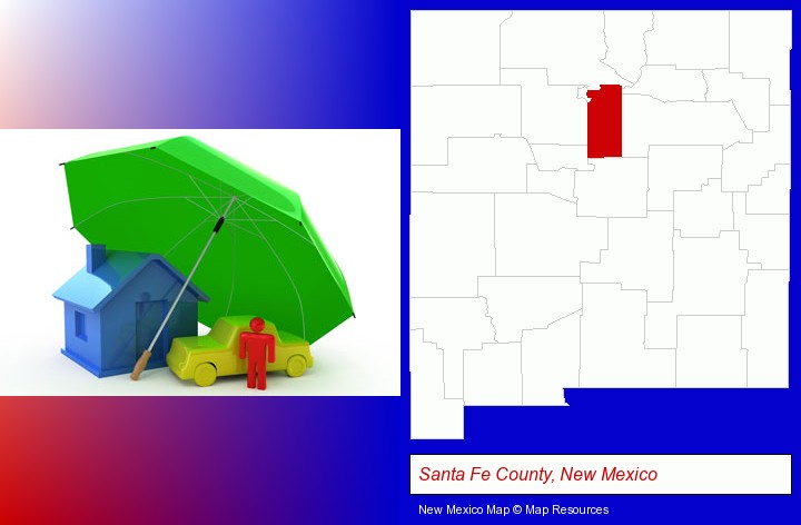 types of insurance; Santa Fe County, New Mexico highlighted in red on a map