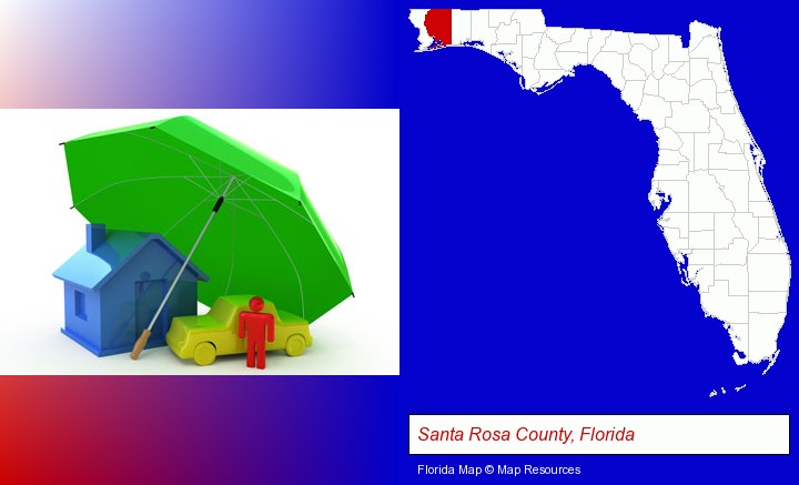 types of insurance; Santa Rosa County, Florida highlighted in red on a map