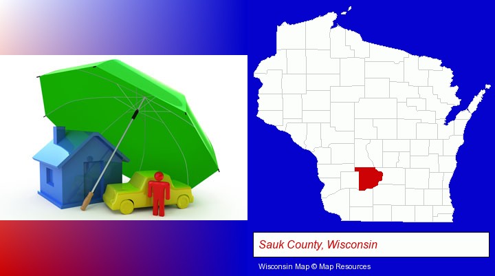 types of insurance; Sauk County, Wisconsin highlighted in red on a map