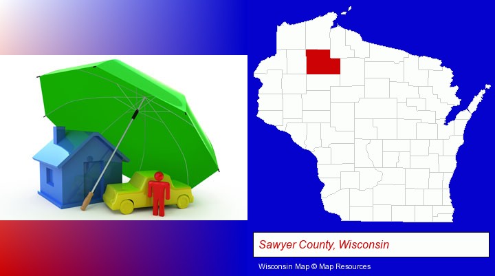 types of insurance; Sawyer County, Wisconsin highlighted in red on a map