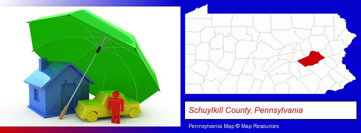 types of insurance; Schuylkill County, Pennsylvania highlighted in red on a map