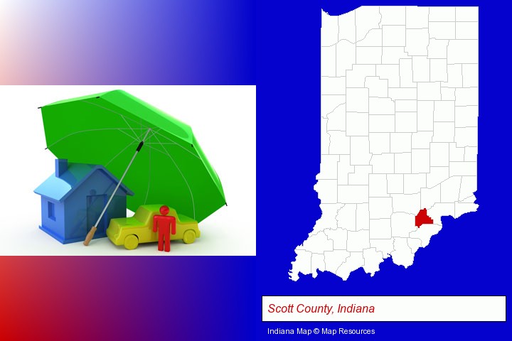 types of insurance; Scott County, Indiana highlighted in red on a map