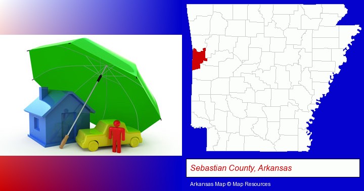 types of insurance; Sebastian County, Arkansas highlighted in red on a map