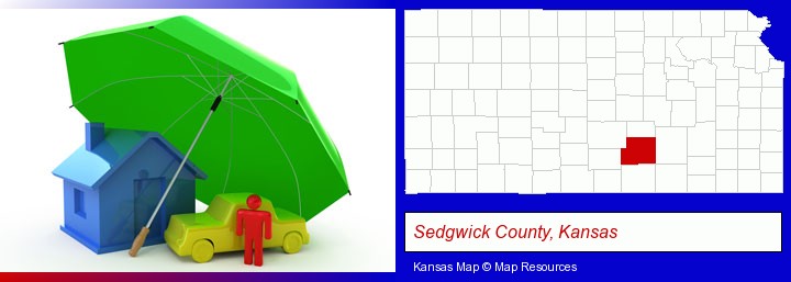 types of insurance; Sedgwick County, Kansas highlighted in red on a map