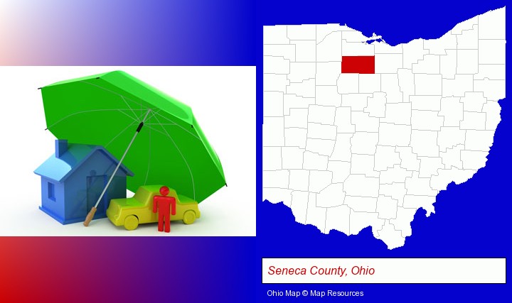 types of insurance; Seneca County, Ohio highlighted in red on a map
