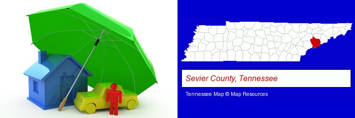 types of insurance; Sevier County, Tennessee highlighted in red on a map