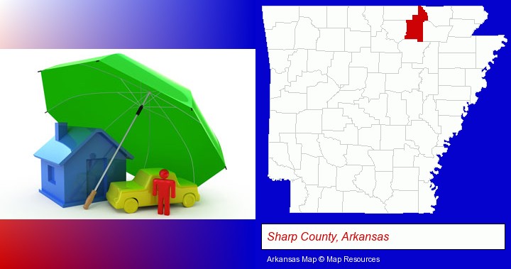 types of insurance; Sharp County, Arkansas highlighted in red on a map
