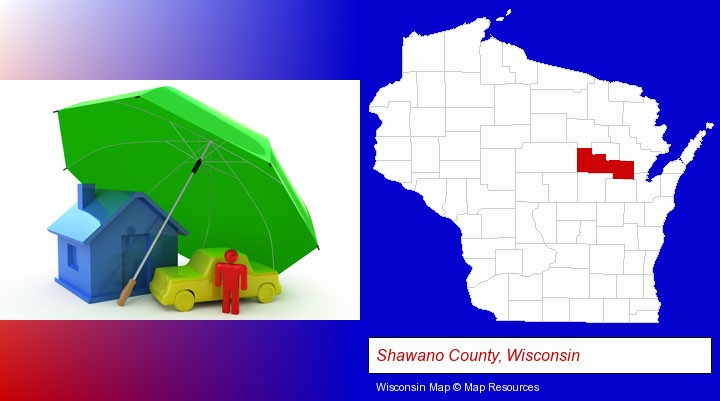 types of insurance; Shawano County, Wisconsin highlighted in red on a map