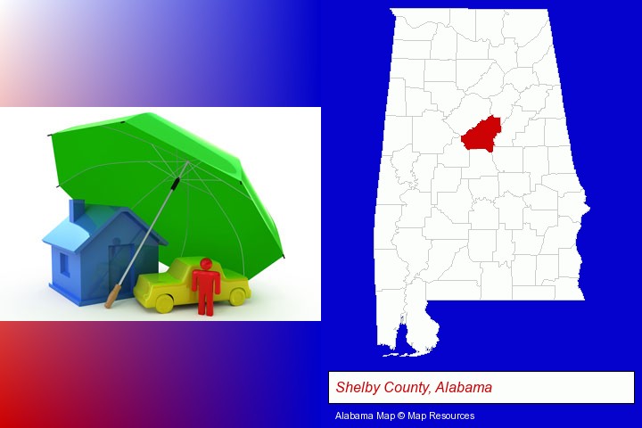 types of insurance; Shelby County, Alabama highlighted in red on a map