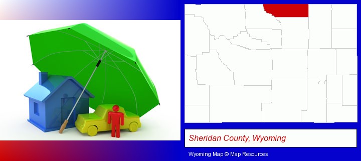 types of insurance; Sheridan County, Wyoming highlighted in red on a map