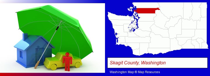 types of insurance; Skagit County, Washington highlighted in red on a map