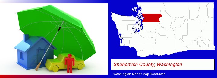 types of insurance; Snohomish County, Washington highlighted in red on a map