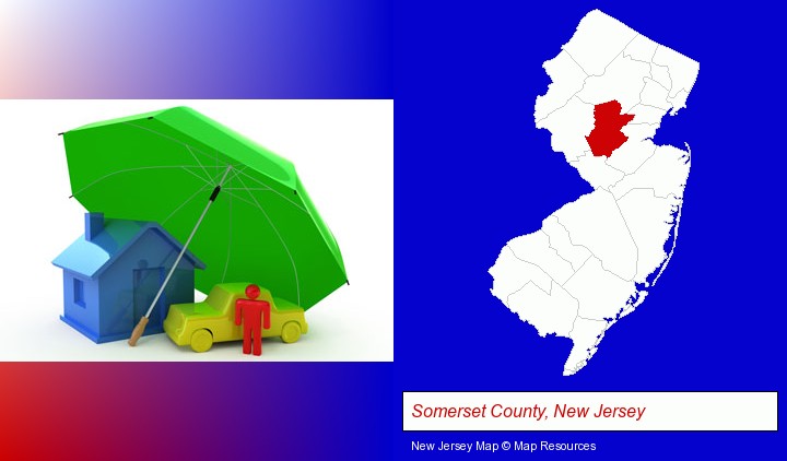types of insurance; Somerset County, New Jersey highlighted in red on a map
