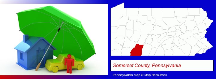 types of insurance; Somerset County, Pennsylvania highlighted in red on a map