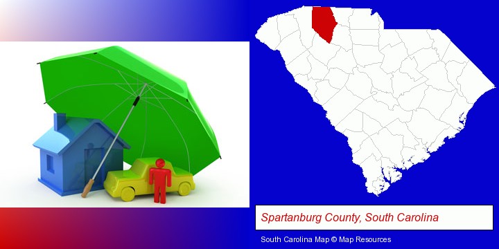 types of insurance; Spartanburg County, South Carolina highlighted in red on a map