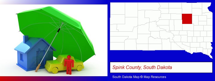 types of insurance; Spink County, South Dakota highlighted in red on a map