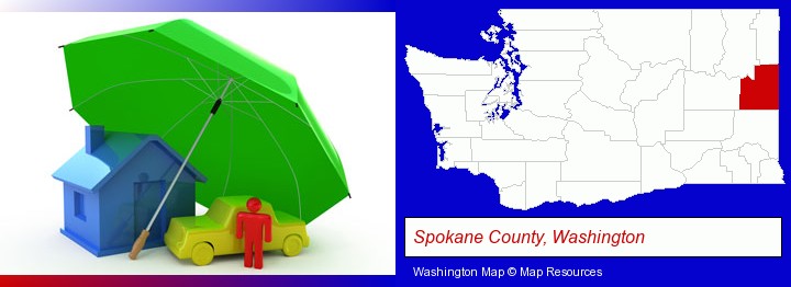types of insurance; Spokane County, Washington highlighted in red on a map