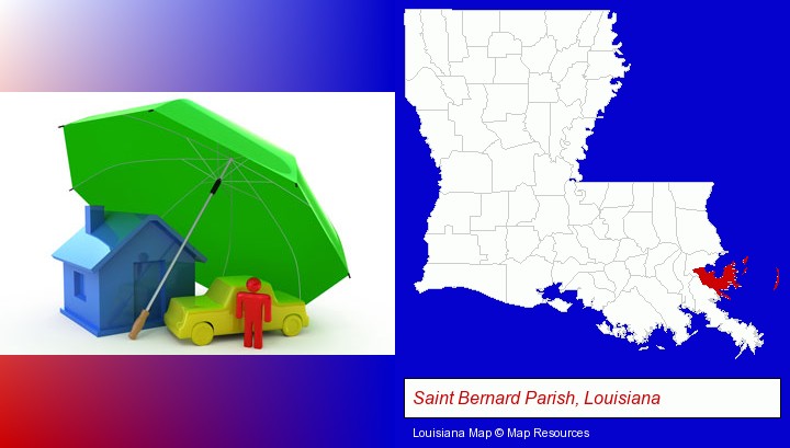 types of insurance; Saint Bernard Parish, Louisiana highlighted in red on a map