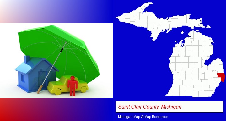 types of insurance; Saint Clair County, Michigan highlighted in red on a map