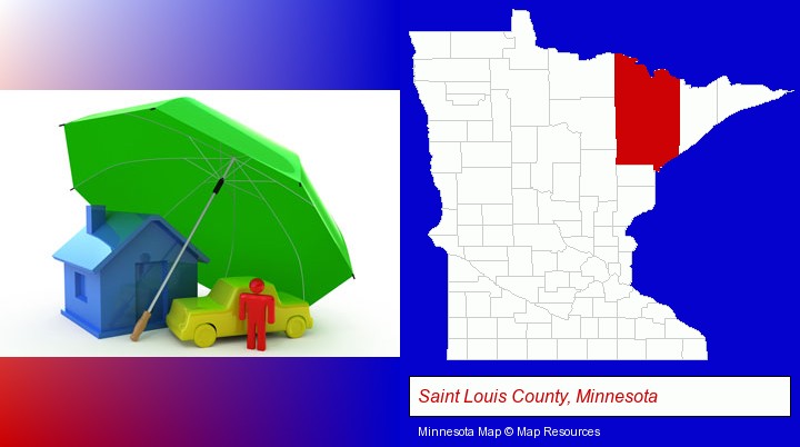 types of insurance; Saint Louis County, Minnesota highlighted in red on a map