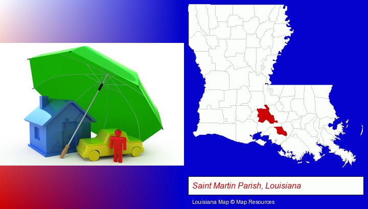 types of insurance; Saint Martin Parish, Louisiana highlighted in red on a map
