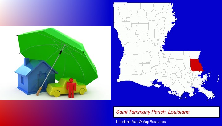 types of insurance; Saint Tammany Parish, Louisiana highlighted in red on a map