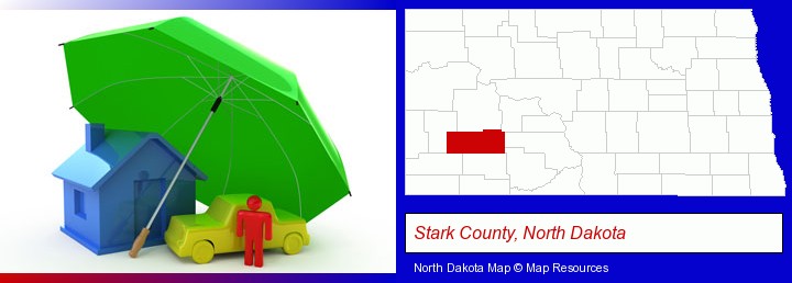 types of insurance; Stark County, North Dakota highlighted in red on a map