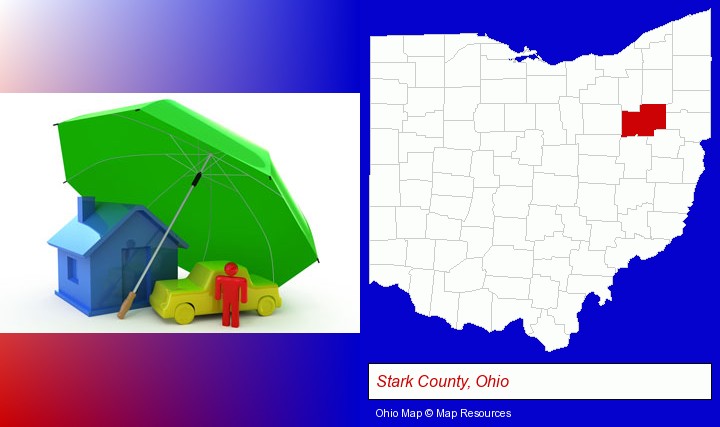 types of insurance; Stark County, Ohio highlighted in red on a map