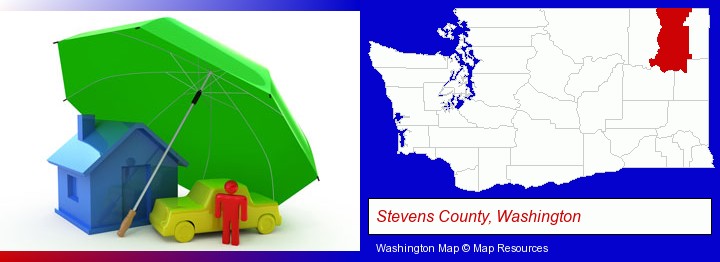types of insurance; Stevens County, Washington highlighted in red on a map