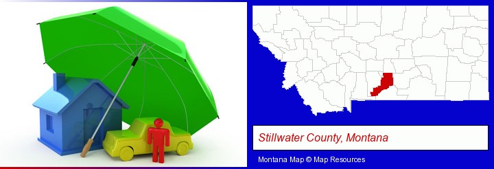 types of insurance; Stillwater County, Montana highlighted in red on a map