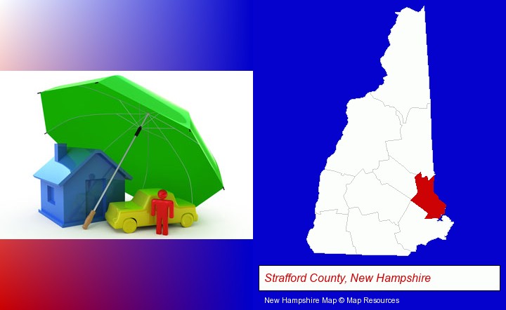 types of insurance; Strafford County, New Hampshire highlighted in red on a map