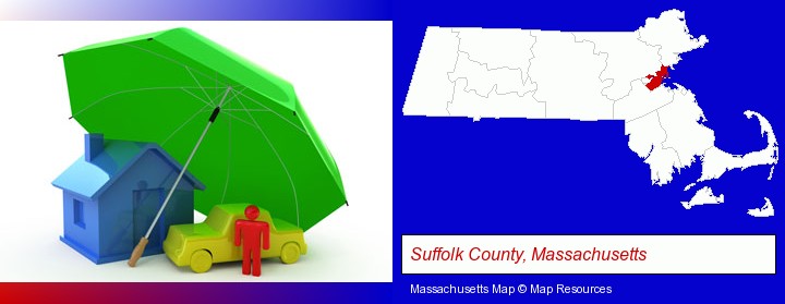 types of insurance; Suffolk County, Massachusetts highlighted in red on a map